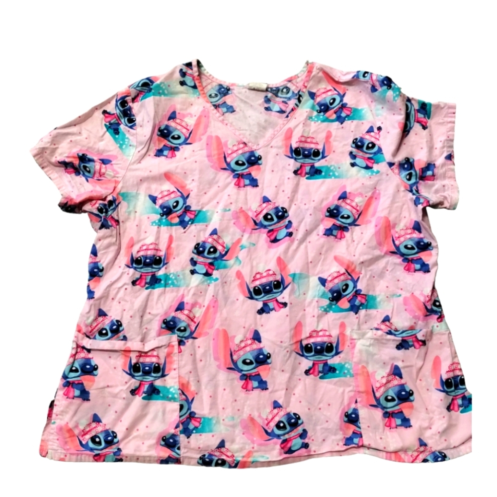 Pink Scrub Top Disney Lilo & Stitch Womens Shirt V Neck Christmas Winter 2XG